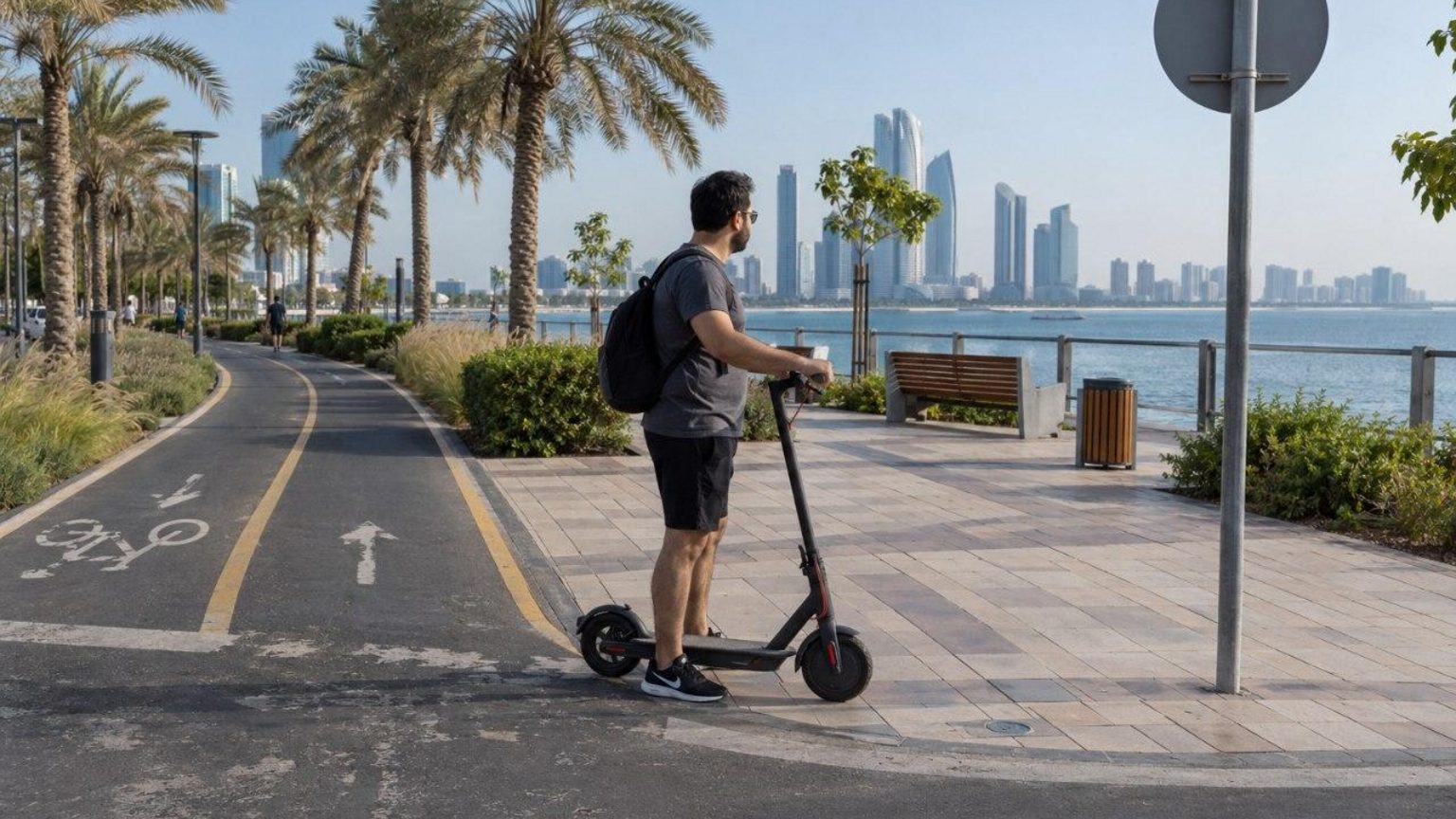 Adult holding a scooter at a junction between paths on Abu Dhabi Corniche