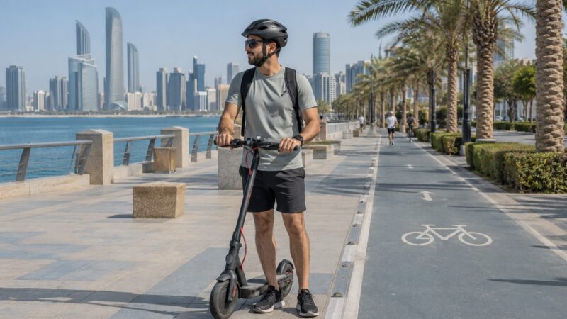 Rider beside an electric scooter near Corniche paths, illustrating Abu Dhabi e-scooter fines and route checks