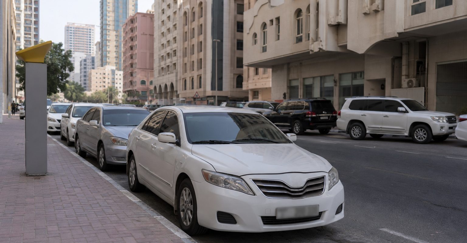 مواقف عجمان في شارع سكني مع سيارات بيضاء وفضية وجهاز دفع بجوار الرصيف