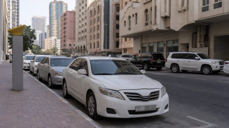 مواقف عجمان في شارع سكني مع سيارات بيضاء وفضية وجهاز دفع بجوار الرصيف