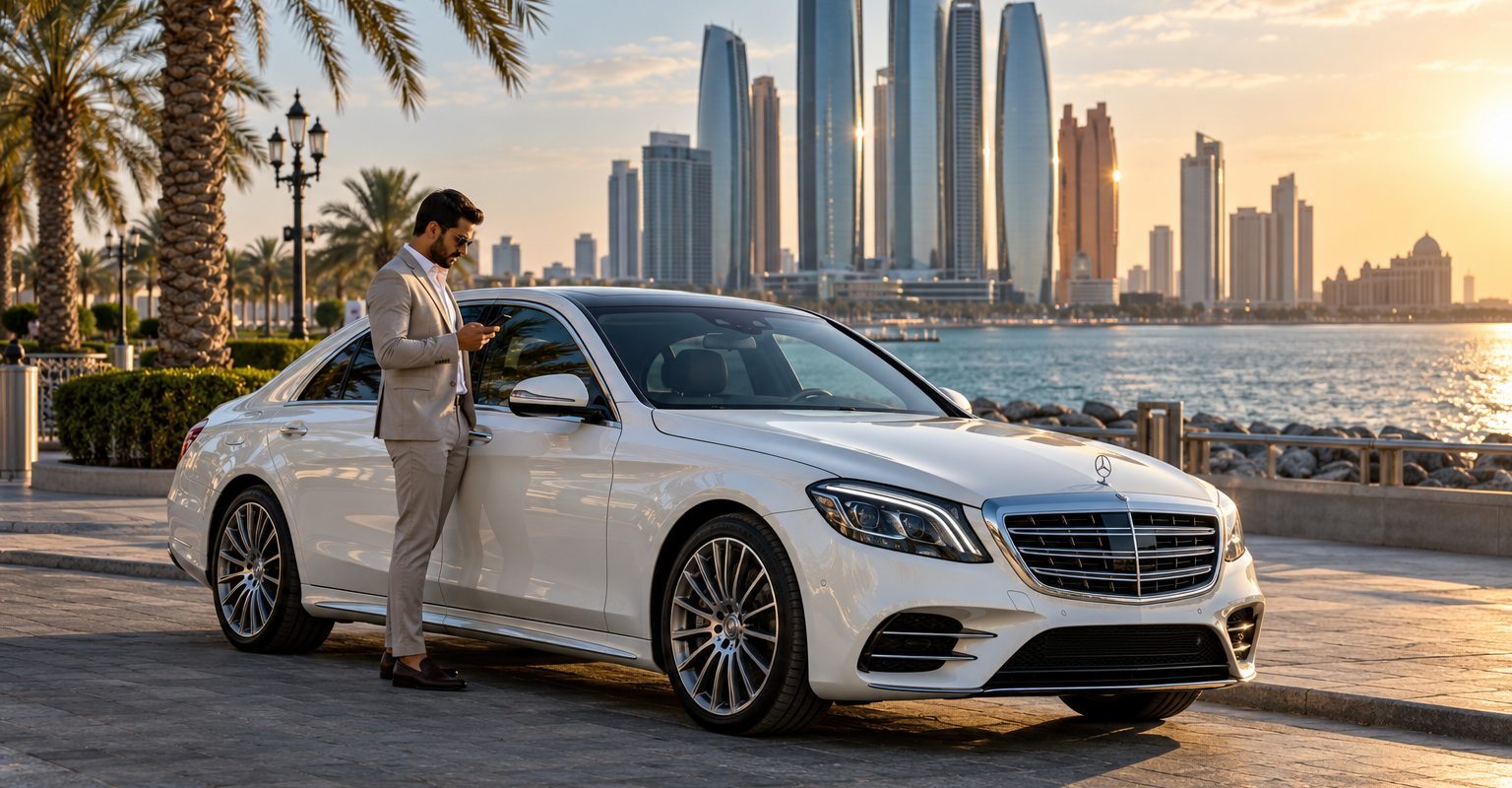 Pearl-white saloon on Abu Dhabi Corniche, illustrating an Al Ain paid parking guide