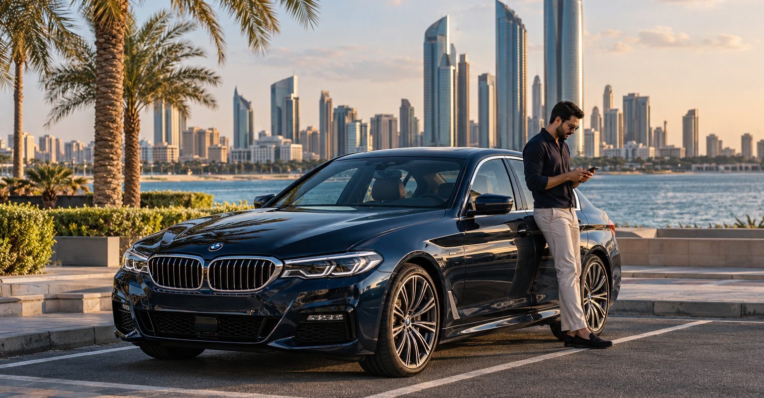 Driver checking Al Ain paid parking information beside a midnight-blue saloon on Abu Dhabi’s Corniche