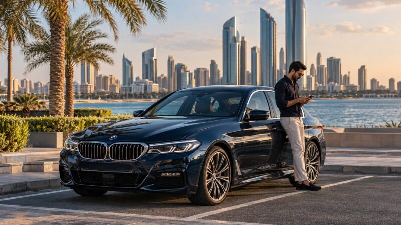 Driver checking Al Ain paid parking information beside a midnight-blue saloon on Abu Dhabi’s Corniche