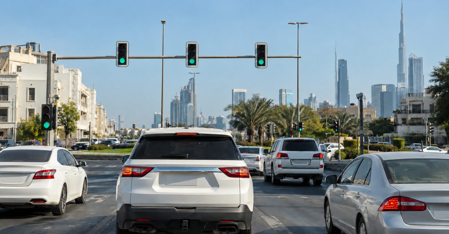 Cars approaching al satwa traffic signals on 2nd December Street in Dubai
