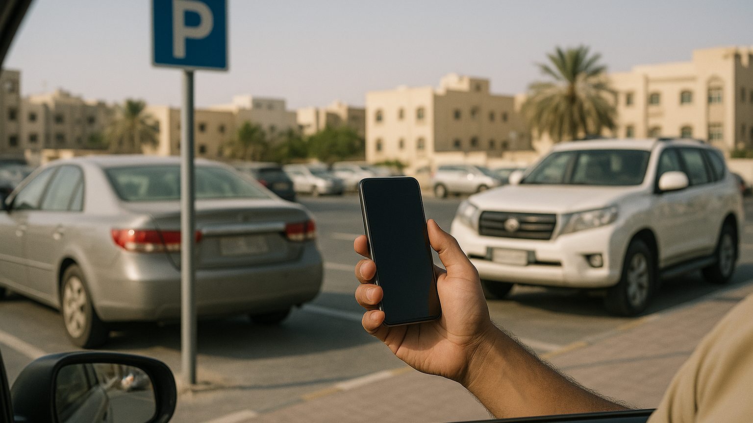 A driver holding a phone beside a Sharjah parking bay and an out-of-focus sign