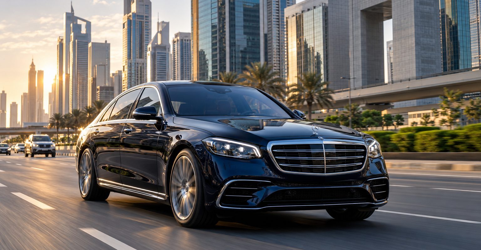 Midnight-blue saloon on Sheikh Zayed Road beside DIFC, illustrating Dubai speed limits on major highways