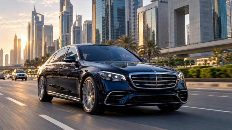 Midnight-blue saloon on Sheikh Zayed Road beside DIFC, illustrating Dubai speed limits on major highways