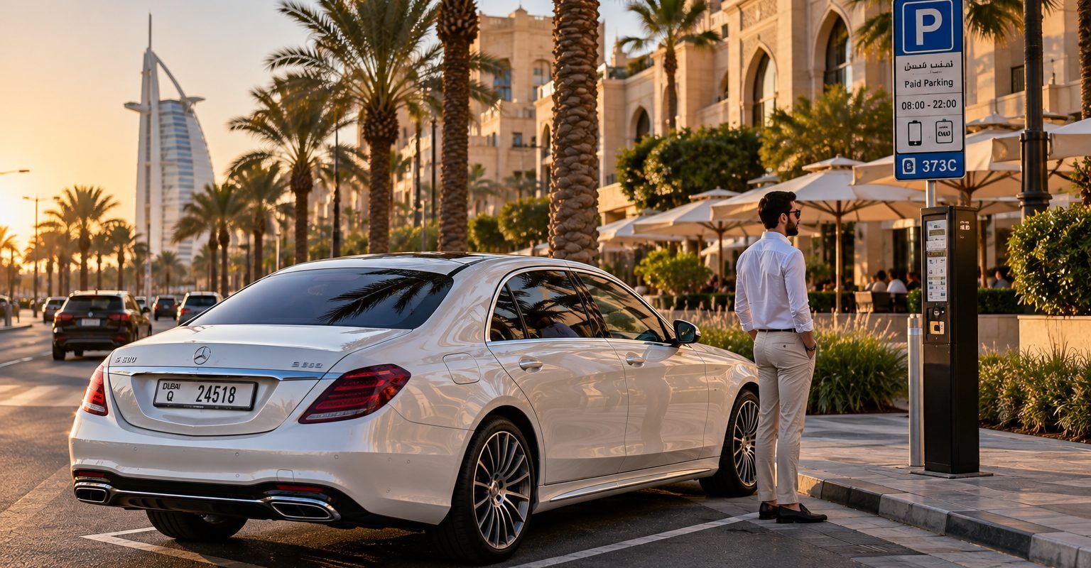 Dubai Islands parking guide: a pearl-white saloon beside a parking sign on Jumeirah Beach Road