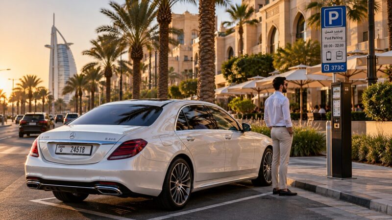 Dubai Islands parking guide: a pearl-white saloon beside a parking sign on Jumeirah Beach Road