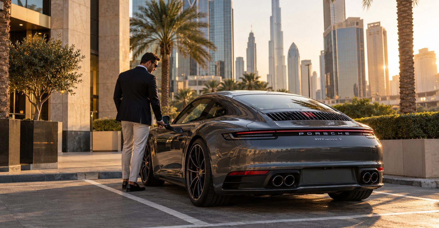Dubai noisy car fines guide: graphite coupe with visible exhaust outlets parked beside modern DIFC buildings