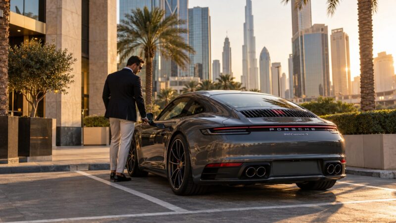 Dubai noisy car fines guide: graphite coupe with visible exhaust outlets parked beside modern DIFC buildings