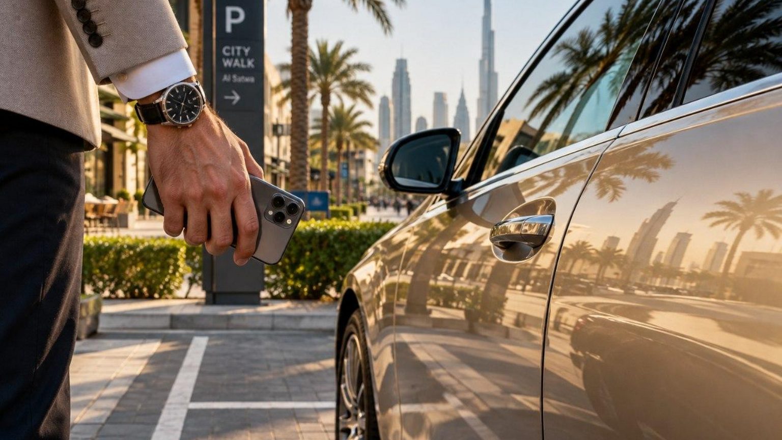 Driver holding a phone beside a marked street parking bay in Al Satwa