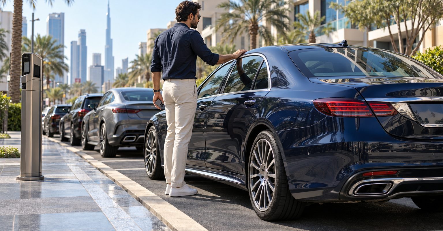 Driver holding a phone beside a parked car in Dubai, considering a Dubai parking app