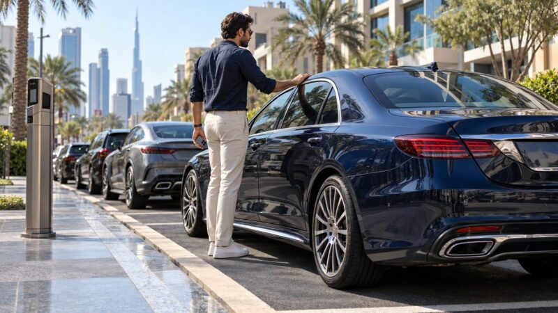 Driver holding a phone beside a parked car in Dubai, considering a Dubai parking app