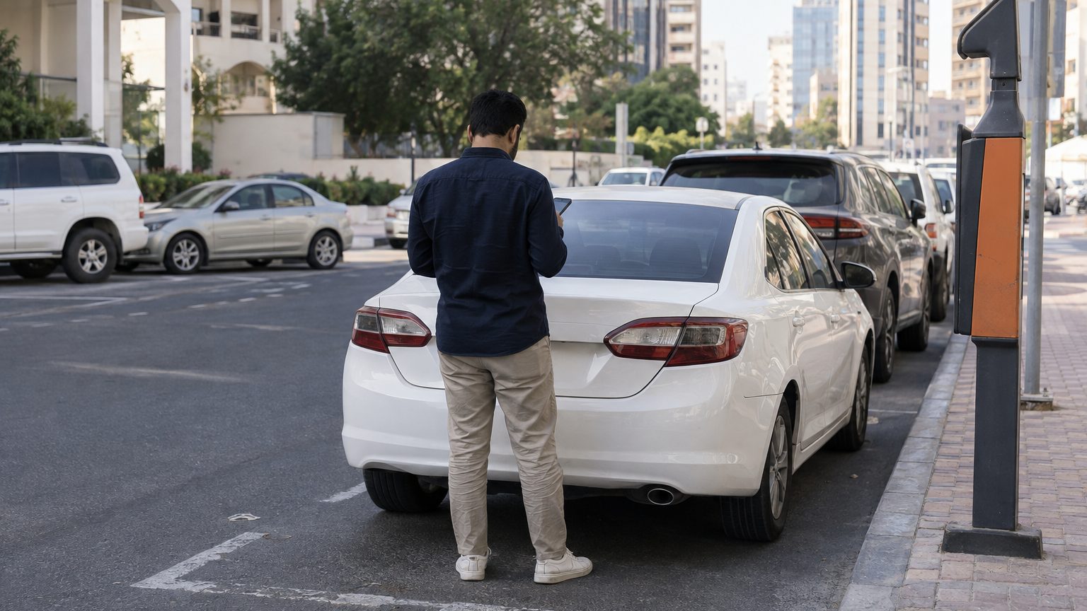 سائق يتفقد هاتفه بجوار سيارة بيضاء وخطوط موقف في المنخول بدبي