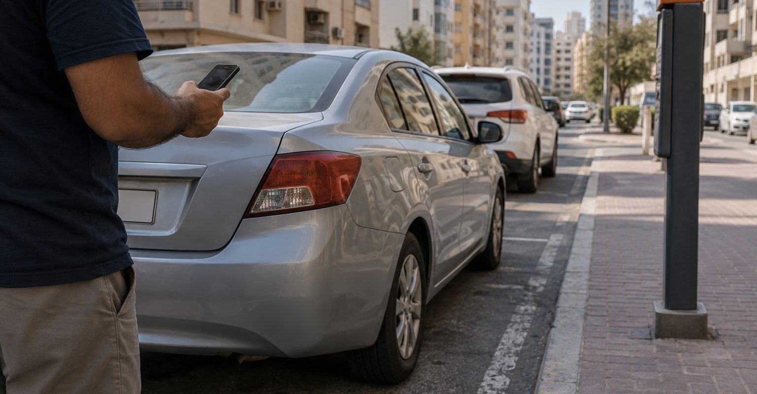 سائق يحمل هاتفاً بجوار سيارة وموقف شارع في دبي لاستخدام تطبيق مواقف دبي
