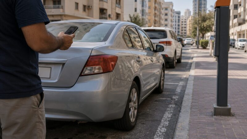 سائق يحمل هاتفاً بجوار سيارة وموقف شارع في دبي لاستخدام تطبيق مواقف دبي
