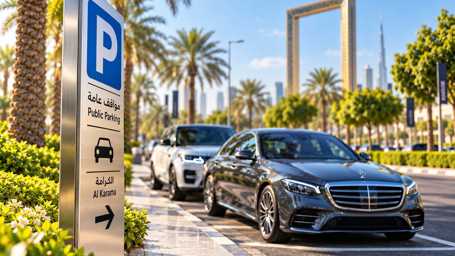 Parking sign beside occupied street bays and everyday cars in Al Karama, Dubai