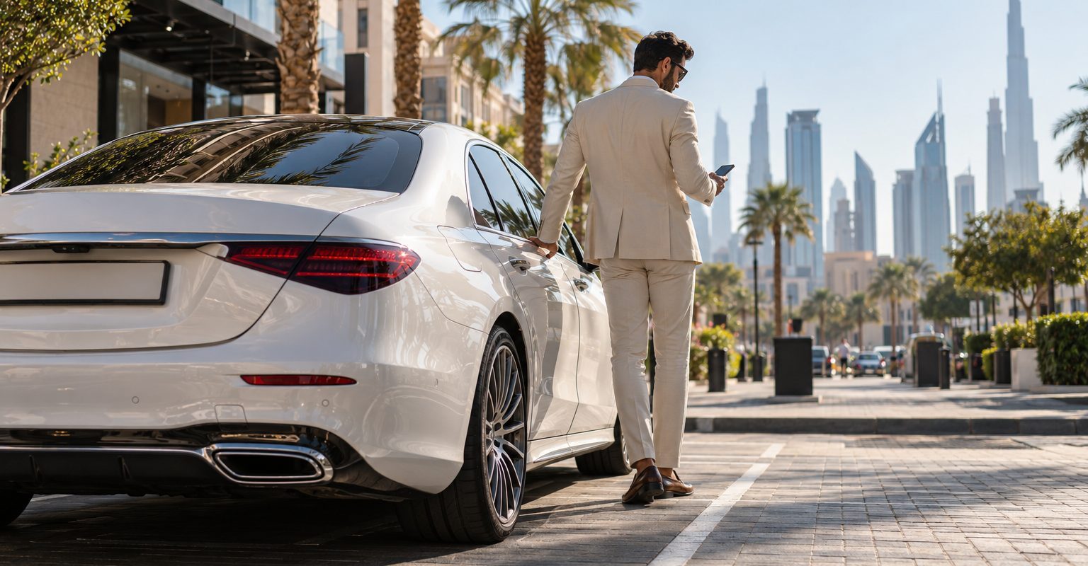 Driver beside a parked car in Dubai, checking the Dubai parking SMS format before sending a message