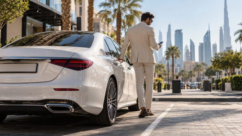 Driver beside a parked car in Dubai, checking the Dubai parking SMS format before sending a message