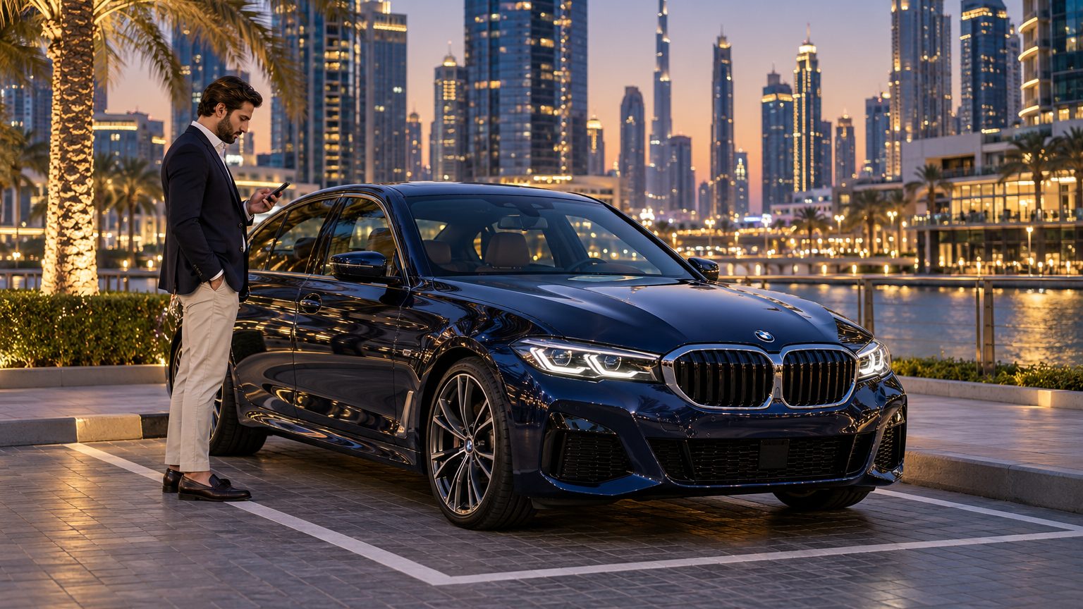 Driver checking a smartphone beside a midnight-blue saloon in Business Bay