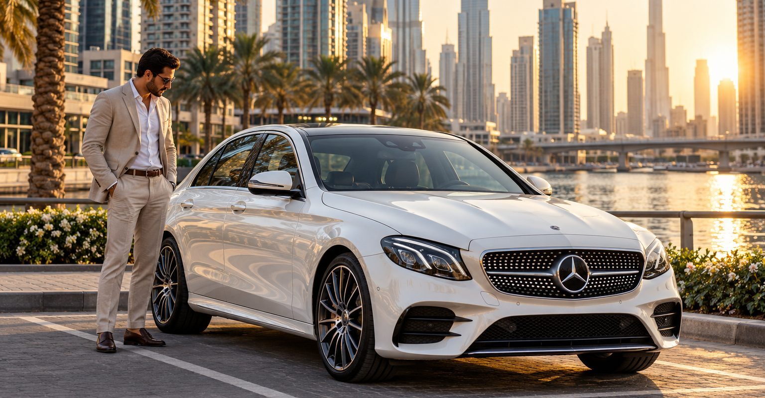 Driver beside a pearl-white saloon in Business Bay, accompanying a guide to vehicle inspection