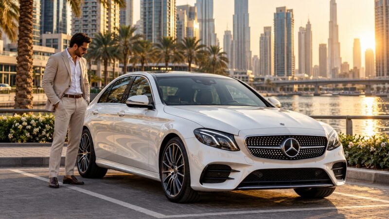 Driver beside a pearl-white saloon in Business Bay, accompanying a guide to vehicle inspection