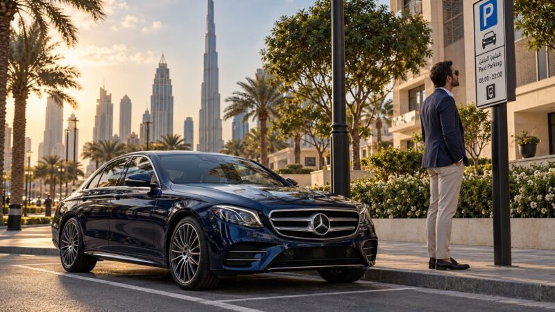 Driver checking a parking sign beside a midnight-blue saloon for Dubai premium parking fees
