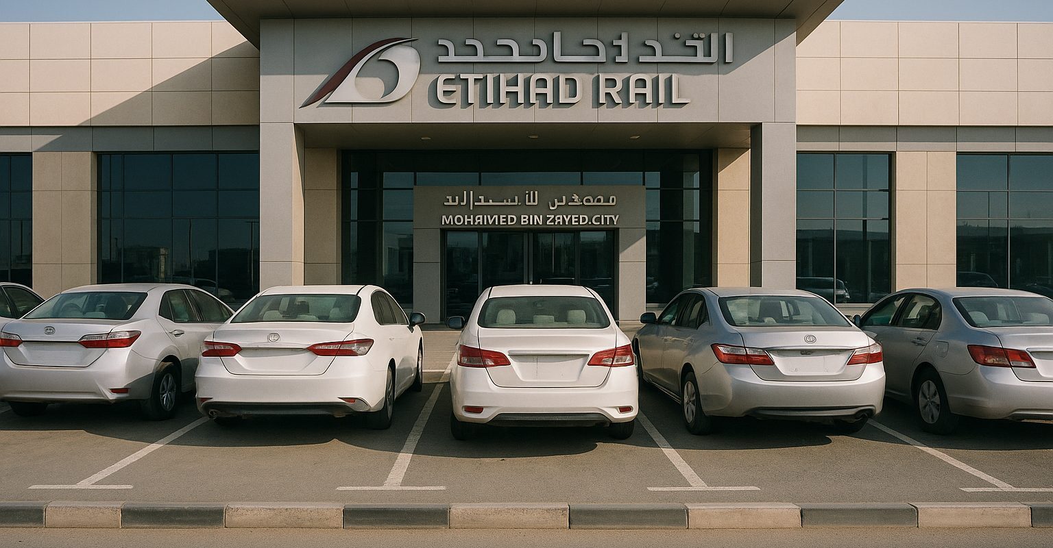 سيارات في مواقف قطار الاتحاد قرب مدخل محطة الركاب في أبوظبي