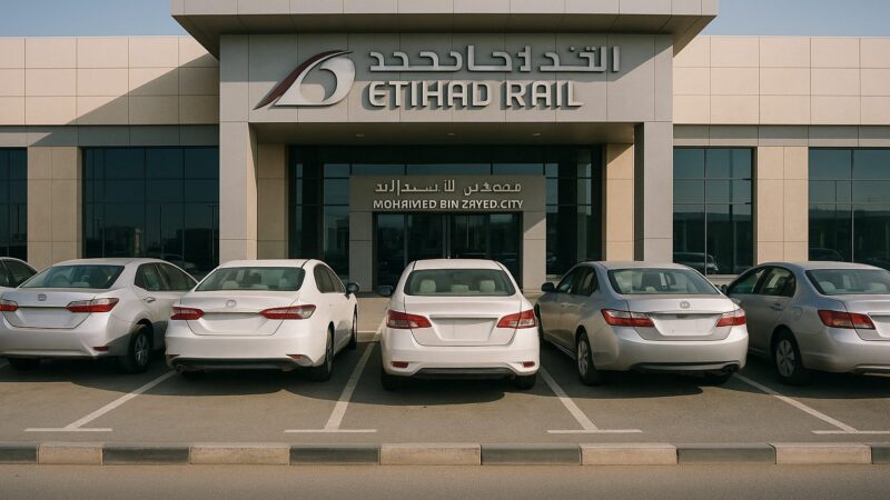 سيارات في مواقف قطار الاتحاد قرب مدخل محطة الركاب في أبوظبي