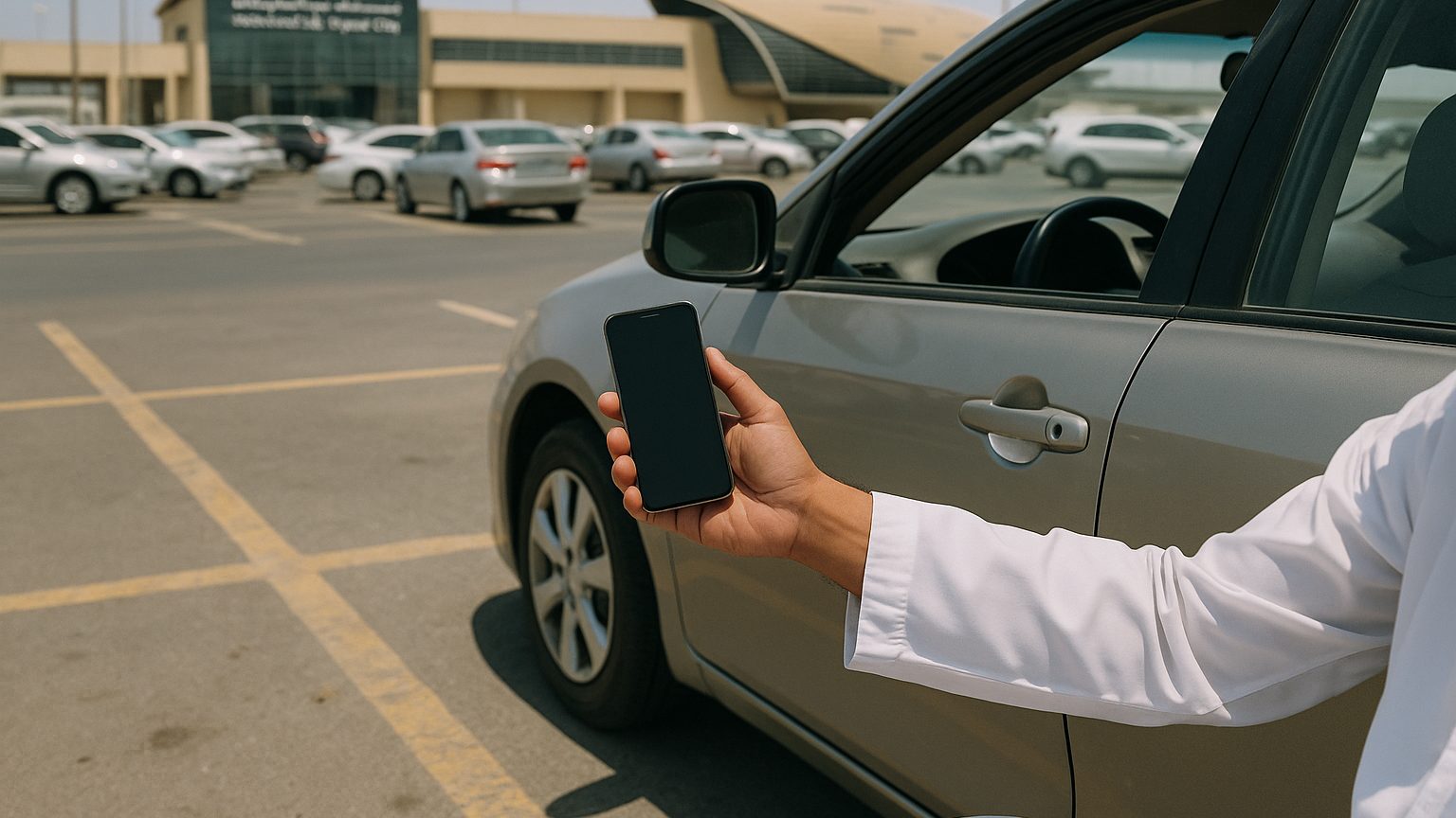Driver holding a phone beside a parked car at an Abu Dhabi passenger station