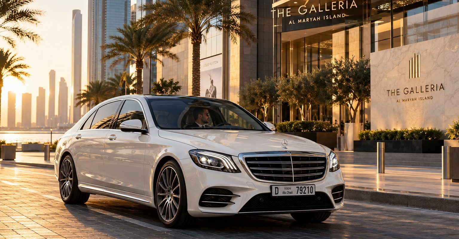 Galleria parking fees guide: pearl-white saloon approaching The Galleria on Al Maryah Island