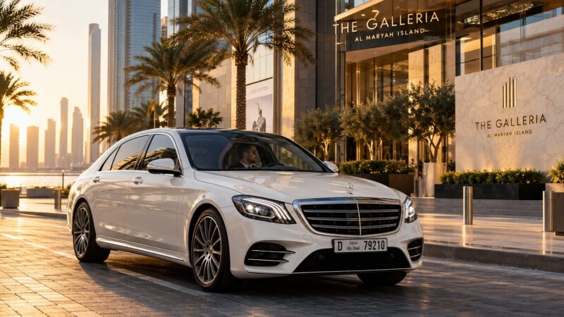 Galleria parking fees guide: pearl-white saloon approaching The Galleria on Al Maryah Island