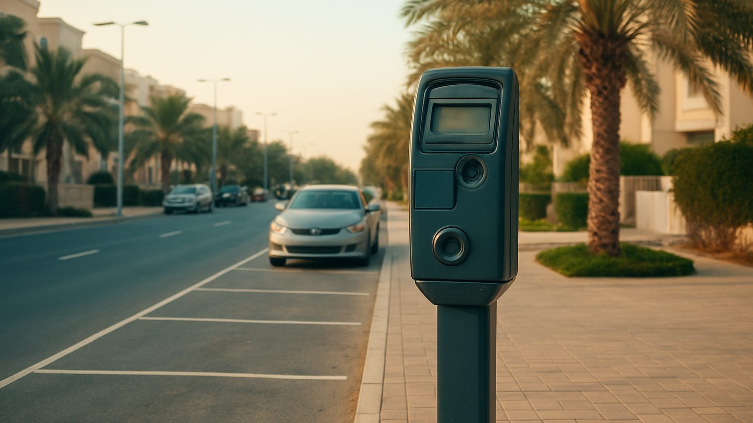 Parking meter beside marked bays on a palm-lined Abu Dhabi residential street