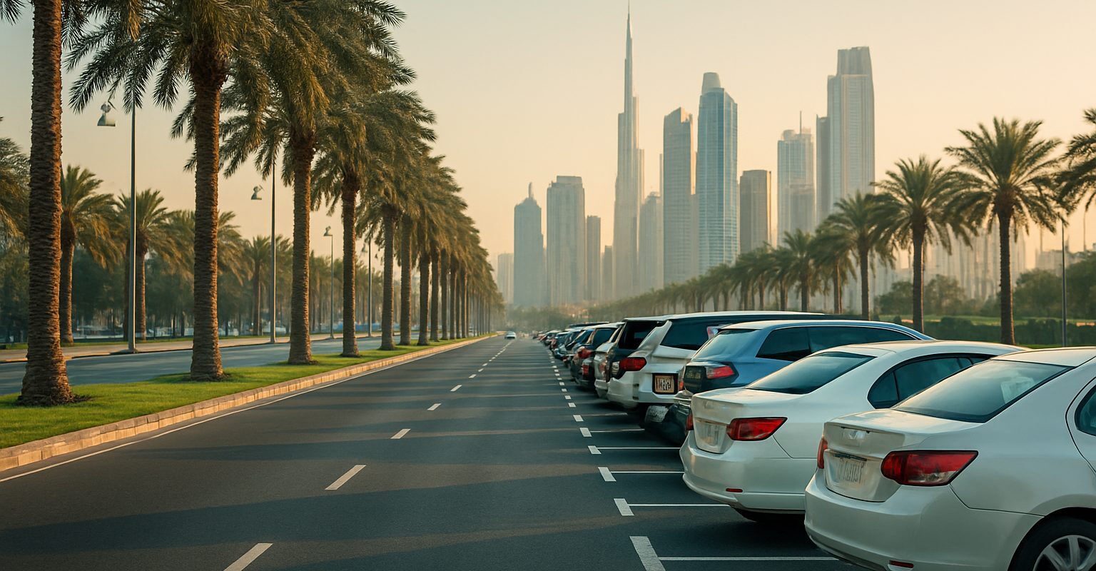 Parking in UAE along a palm-lined boulevard with marked street bays and a modern skyline