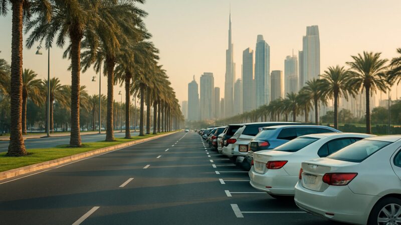 Parking in UAE along a palm-lined boulevard with marked street bays and a modern skyline