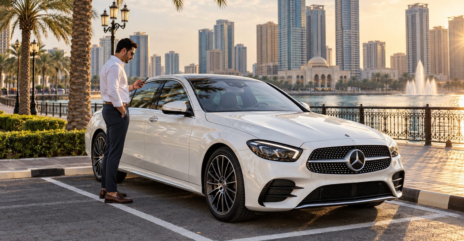 Sharjah 4160 paid parking coverage: a pearl-white saloon and driver checking a phone at Al Majaz Waterfront