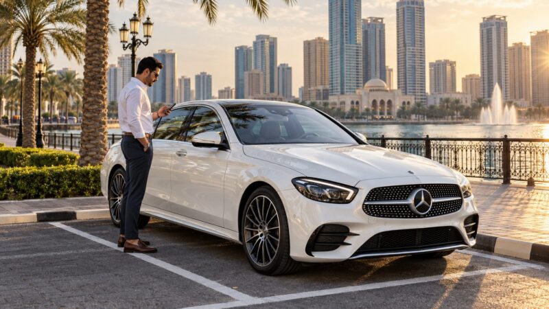 Sharjah 4160 paid parking coverage: a pearl-white saloon and driver checking a phone at Al Majaz Waterfront