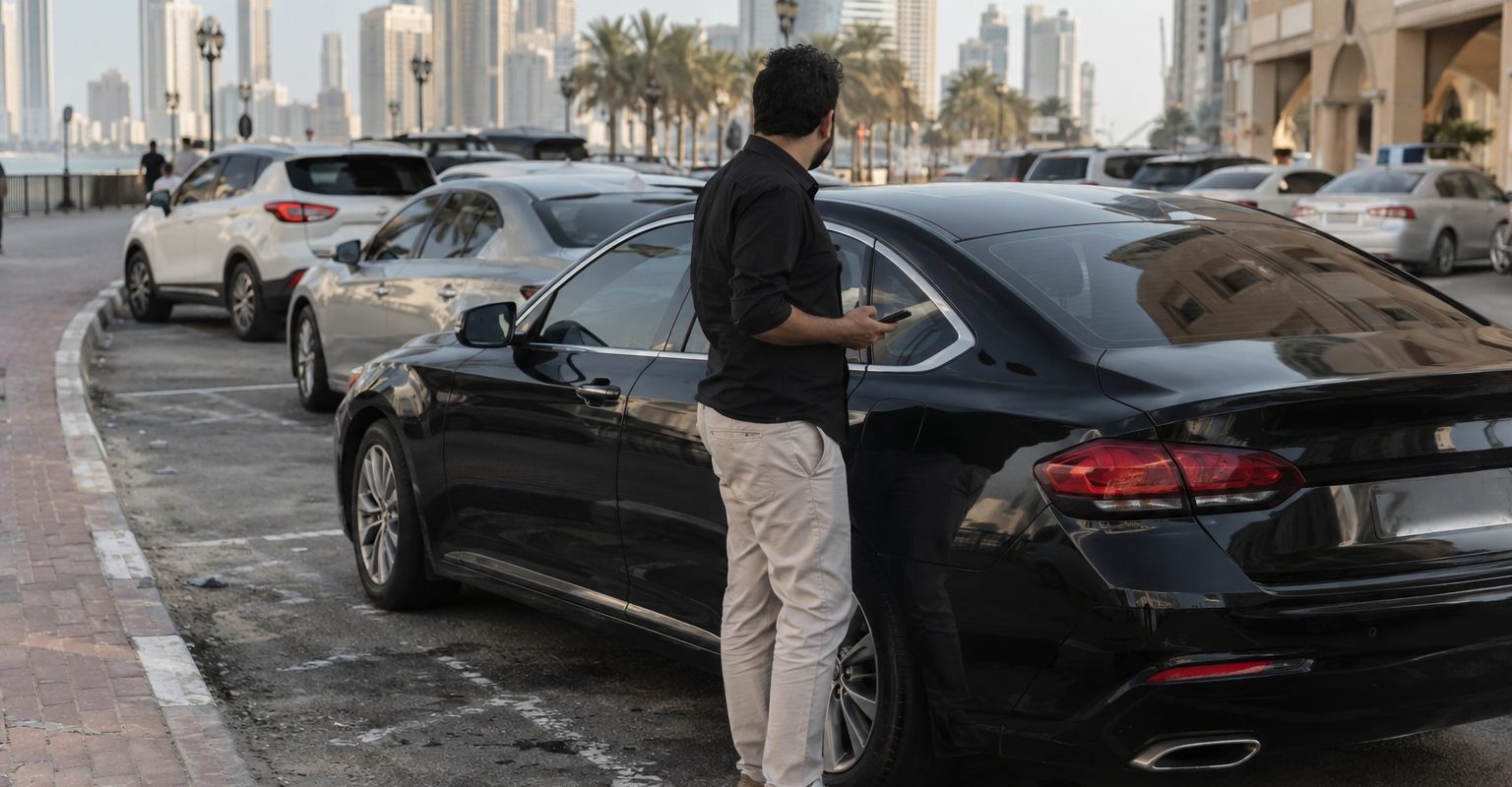 هاتف بيد سائق بجانب سيارة في موقف عام بالشارقة لإعداد رسالة إلى رقم مواقف الشارقة