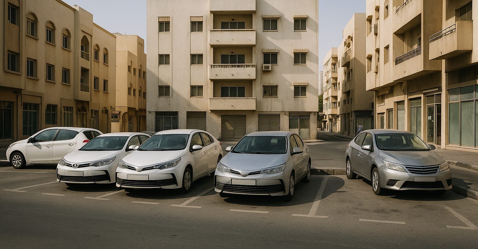 مواقف جديدة اليرموك الشارقة وسيارات متوقفة بمحاذاة رصيف في شارع سكني
