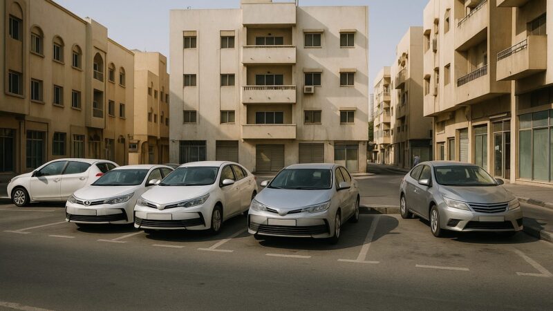 مواقف جديدة اليرموك الشارقة وسيارات متوقفة بمحاذاة رصيف في شارع سكني