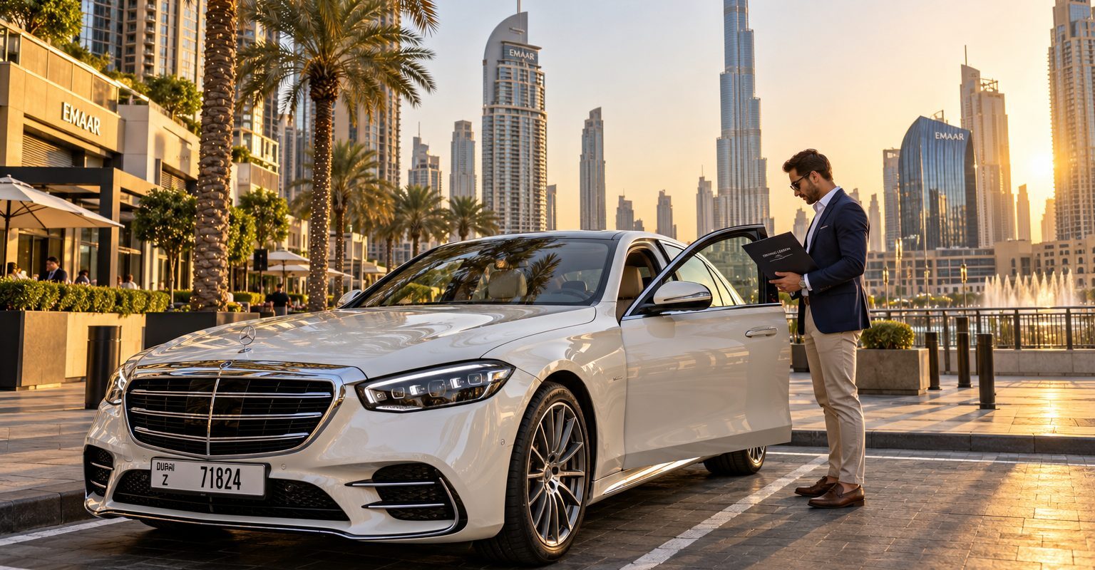 Driver reviewing lesson notes beside a pearl-white saloon in Dubai ahead of changes to UAE driving licence rules