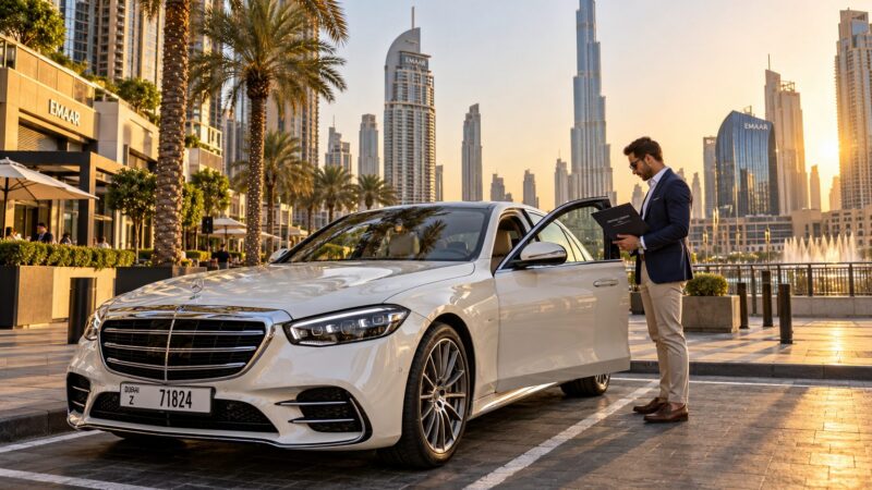 Driver reviewing lesson notes beside a pearl-white saloon in Dubai ahead of changes to UAE driving licence rules