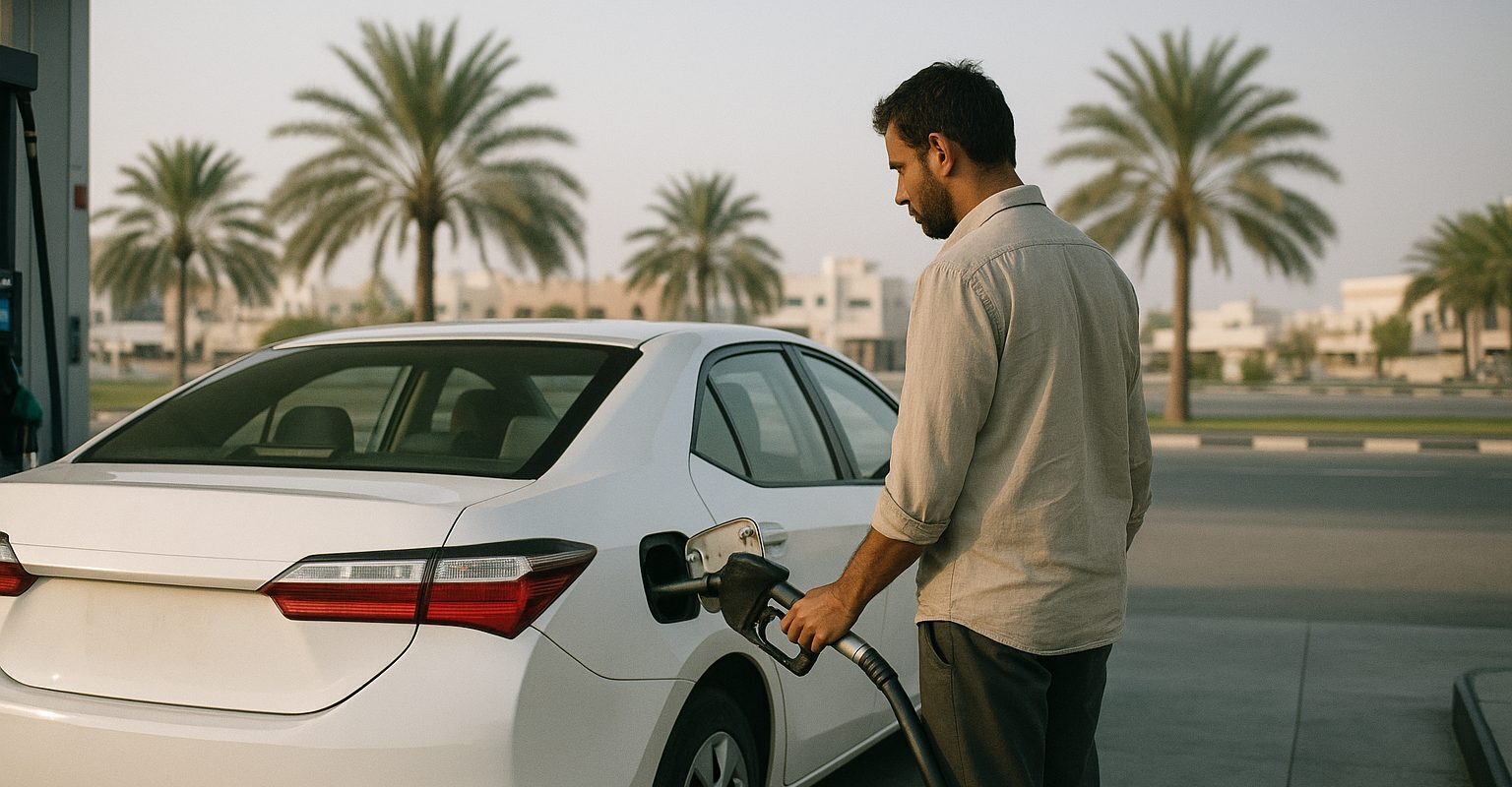 A driver refuelling a car at a petrol station in the UAE