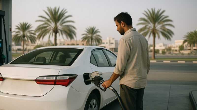 A driver refuelling a car at a petrol station in the UAE