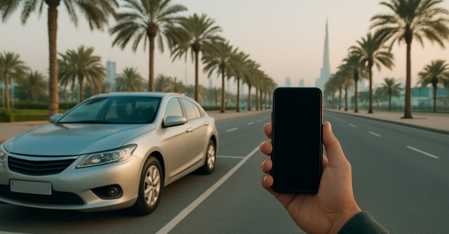 استخدام تطبيق مواقف في الإمارات بجانب سيارة في موقف شارع بدبي