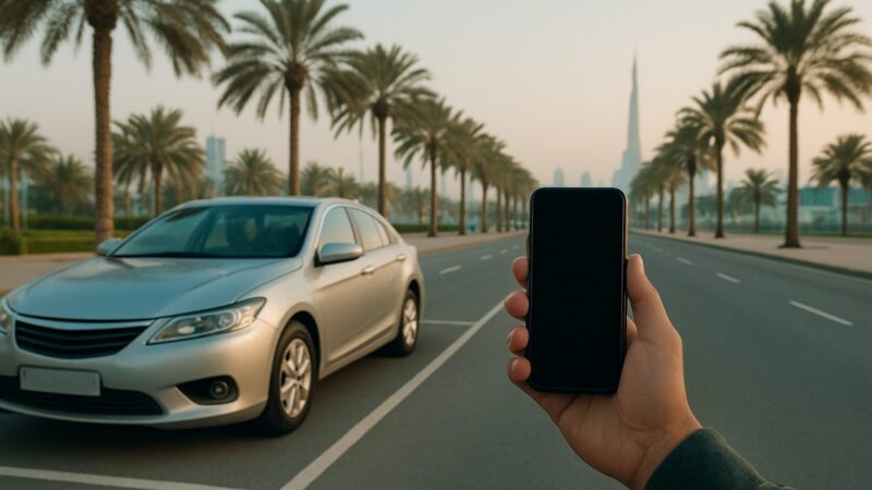 استخدام تطبيق مواقف في الإمارات بجانب سيارة في موقف شارع بدبي