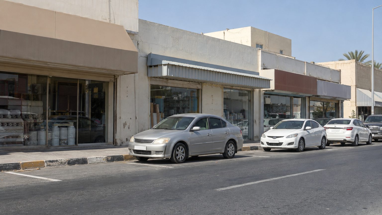 يد سائق تحمل هاتفاً بجوار سيارة في موقف شارع بأم القيوين