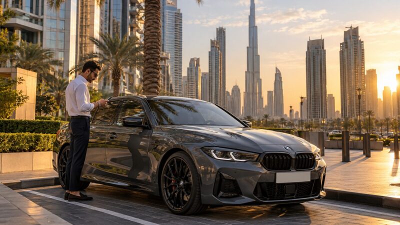 Driver checking a phone beside a graphite saloon in Downtown Dubai before a Warsan Industrial parking trip